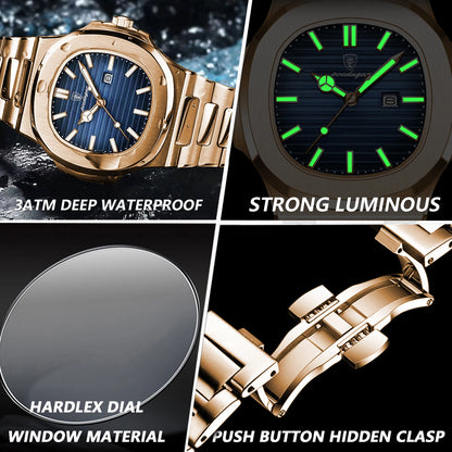 POEDAGAR Fashion Couple Watch Waterproof Luminous Date Stainless Steel Quartz Love Wristwatch Square Watches for Boyfriend Gift