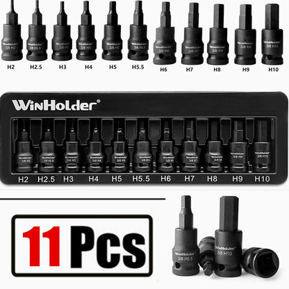 WinHolder 11PCS Impact HEX BIT Sockets Set 3/8" Drive Impact H2- H10 Allen Key Socket Set 55MM  CR-V Bit S2 Steel Socket Bit