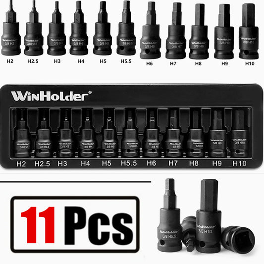 WinHolder 11PCS Impact HEX BIT Sockets Set 3/8" Drive Impact H2- H10 Allen Key Socket Set 55MM  CR-V Bit S2 Steel Socket Bit