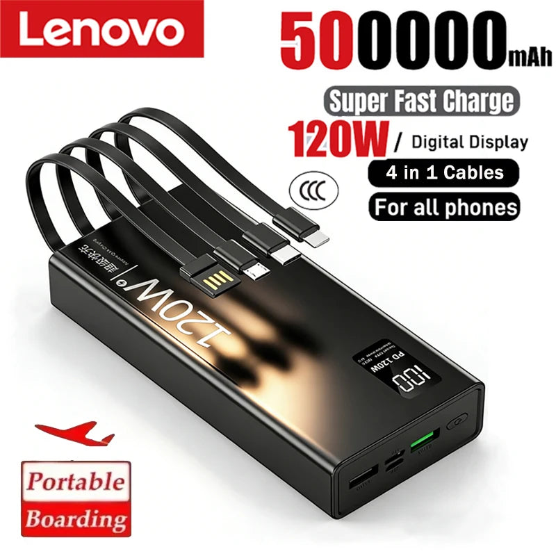 Lenovo 4-in-1 Power Bank 120W 500000mAh High Capacity With Cables Super Fast Charging Portable Charger For iPhone Samsung 2026