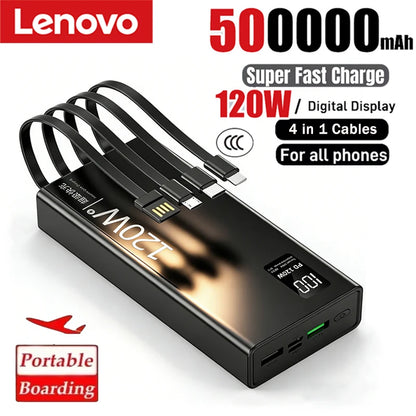 Lenovo 4-in-1 Power Bank 120W 500000mAh High Capacity With Cables Super Fast Charging Portable Charger For iPhone Samsung 2026