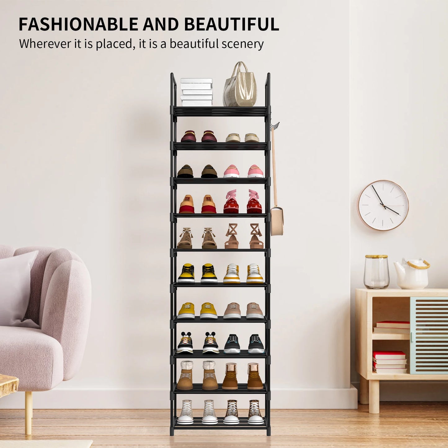 Shoe Rack,10-Tier Metal Shoe Storage Organiser, Metal Frame, Space-Saving Rack,for Room, Hallway STORAGE SHELVES STAND WITH HOOK