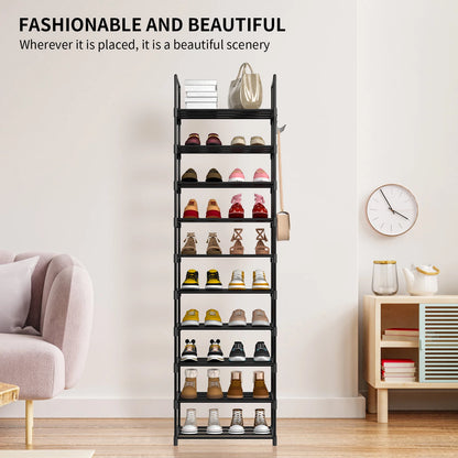 Shoe Rack,10-Tier Metal Shoe Storage Organiser, Metal Frame, Space-Saving Rack,for Room, Hallway STORAGE SHELVES STAND WITH HOOK
