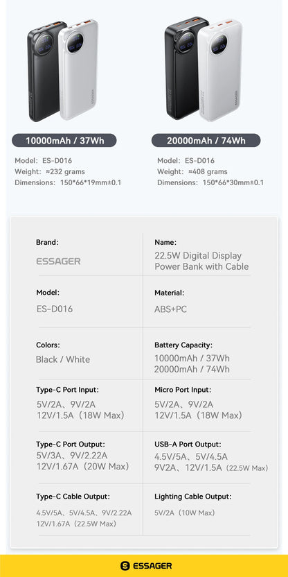 Essager Power Bank 30000mAh 22.5W PD Fast Charging Portable Powerbank 20000mAh/10000mAh For iPhone 16 15 14pro Max Huawei Xiaomi
