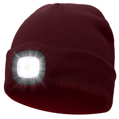Winter Warm Knit Beanie 8 Hours High Powered Light 4 LED Beanie Hat USB Rechargeable Hands Free Headlamp Cap for Running Hiking