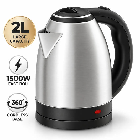 2L 1500W Stainless Steel Cordless Electric Kettle Jug, 360‑Degree Rotational Base with Overheat Protection Fast Boiling Water Heater for Household Kitchen Use
