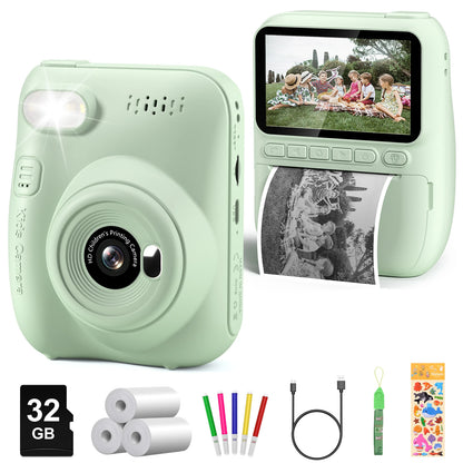 Kids Digital Camera 3.0" Portable Instant Print Camera 32MP HD 1080P Camera Toy Gift For 6-12 Year With 3 Rolls Printer Paper