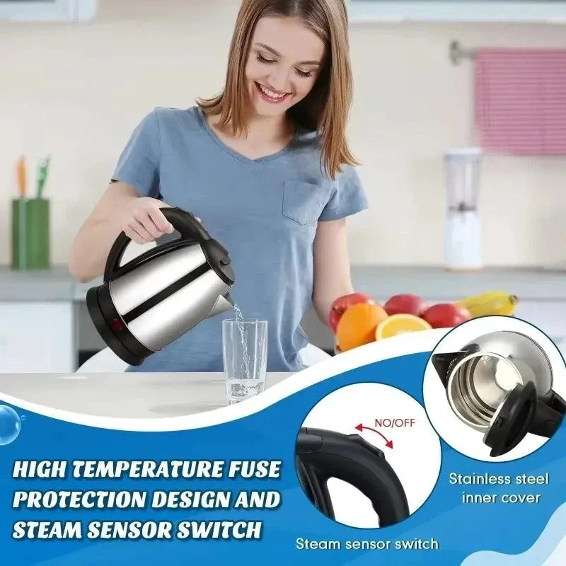 2L 1500W Stainless Steel Cordless Electric Kettle Jug, 360‑Degree Rotational Base with Overheat Protection Fast Boiling Water Heater for Household Kitchen Use