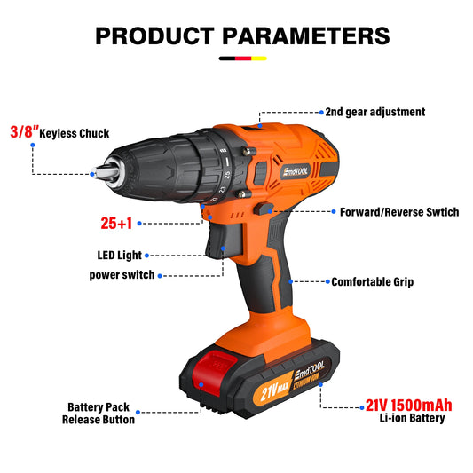 45Nm Cordless Drill Screwdriver with 21V 1.5Ah Battery and Charger, 25+1 Torque, 2700RPM 2 Speed, 29 PCS Accessories, Carry Case