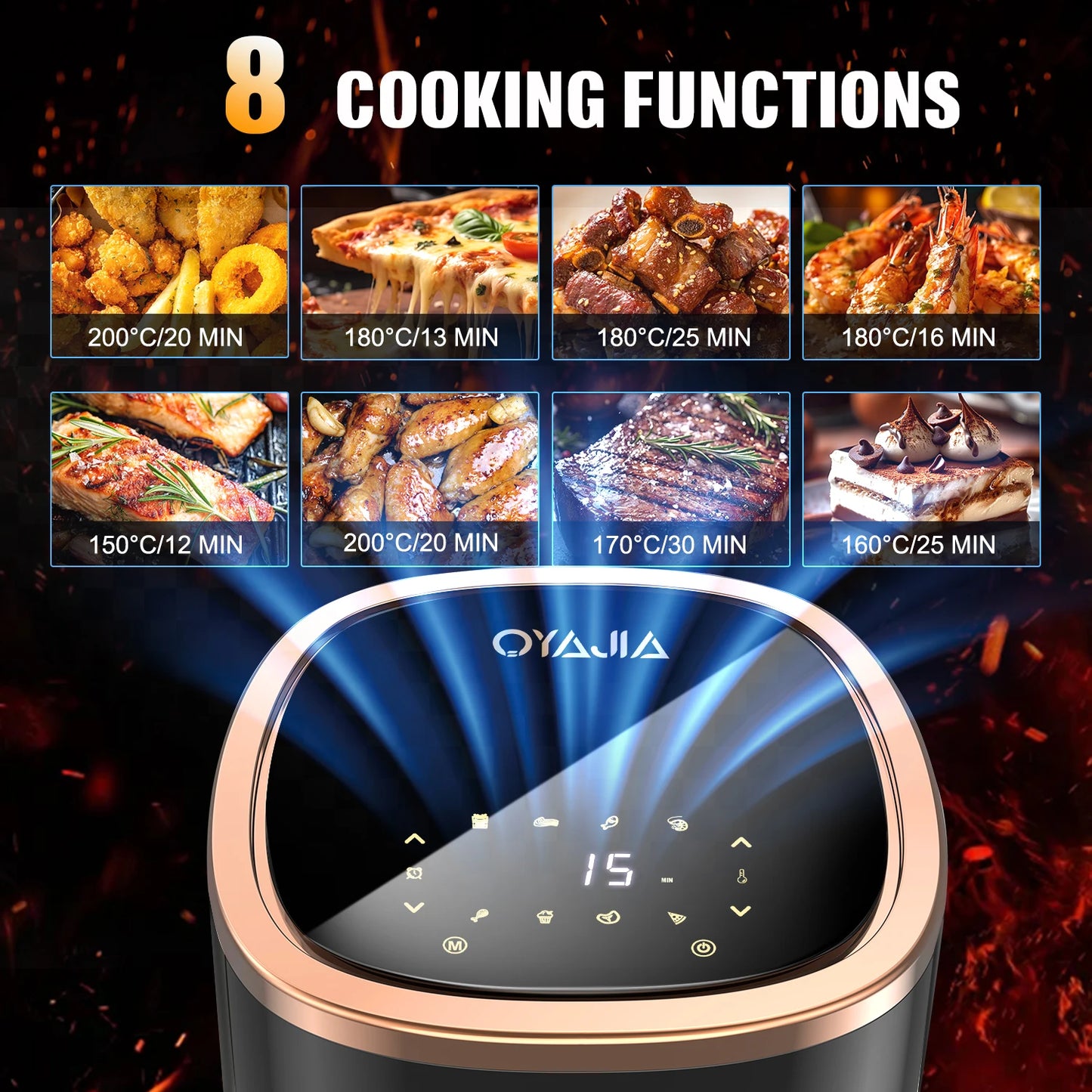 OYAJIA 6L Air Fryer with Smart Touch Display 60 Minutes Timer & 80°C-200°C Adjustable Temperature& 8 Preset Cooking Modes