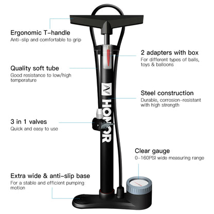 160PSI Bike Air Pump with Gauge Presta & Schrader Valves Bicycle Floor Pump Tire Tube Inflator with Multifunction Ball Needle Bi