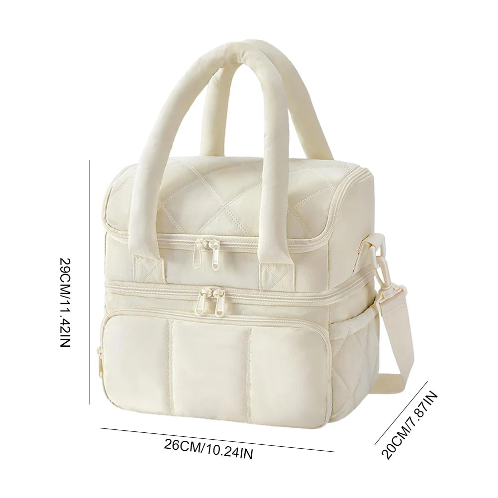 Insulated Double Deck Lunch Bag for Women Ladies Puffy Padded Lunch Tote Waterproof Bento Top Handle Bag for Work Picnic Travel