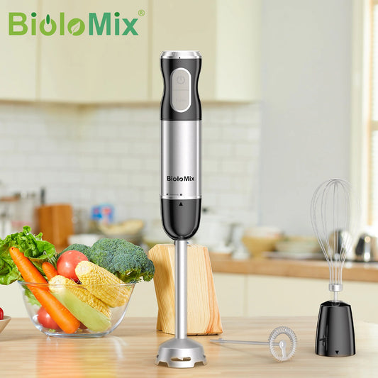 BioloMix 3-in-1 Immersion Hand Blender Stainless Steel with Sharper Blades Whisk & Milk Frother For Smoothie, Baby Food Puree