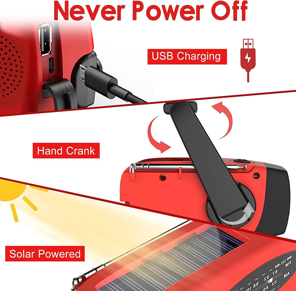 2000mAh Emergency Radio RechargeablePower Bank with  Portable FM Radio USB/Solar/Hand Crank Charging SOS Alarm & Flashlight