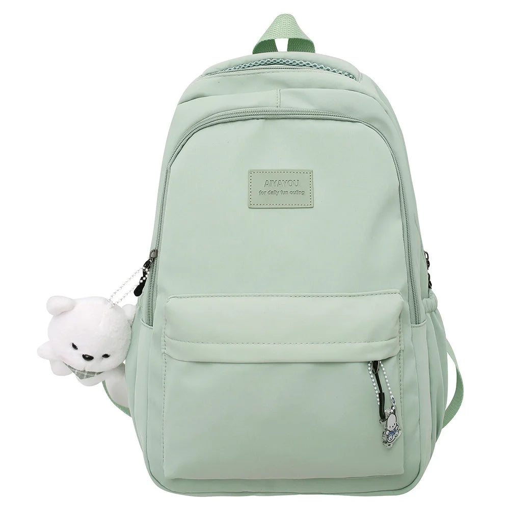 College Student Rucksack Large Capacity Casual Book Bags with Cute Pendant Simple Adjustable Strap Fashion for Outdoor Sport