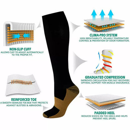 6Pair Unisex Copper Infused Compression Socks Men & Women Anti-Fatigue Varicose Vein Stocking Flight Travel Running Sports Socks