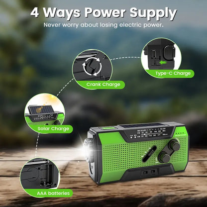 2000mAh Emergency Radio RechargeablePower Bank with  Portable FM Radio USB/Solar/Hand Crank Charging SOS Alarm & Flashlight