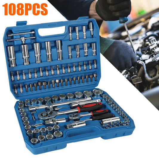 108pcs Ratchet Socket Wrench Set Car Repair Tool Torque Wrench Combo Kit 1/4 1/2 Ratchet Spanner Screwdriver Bits Hand Tool