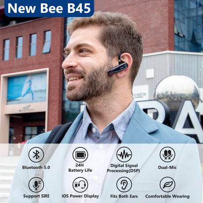 New Bee B45 Wireless Headset Bluetooth 5.0 Earphones Dual Mic Mute Handsfree Earbuds CVC8.0 Noise Reduction for Business Driving