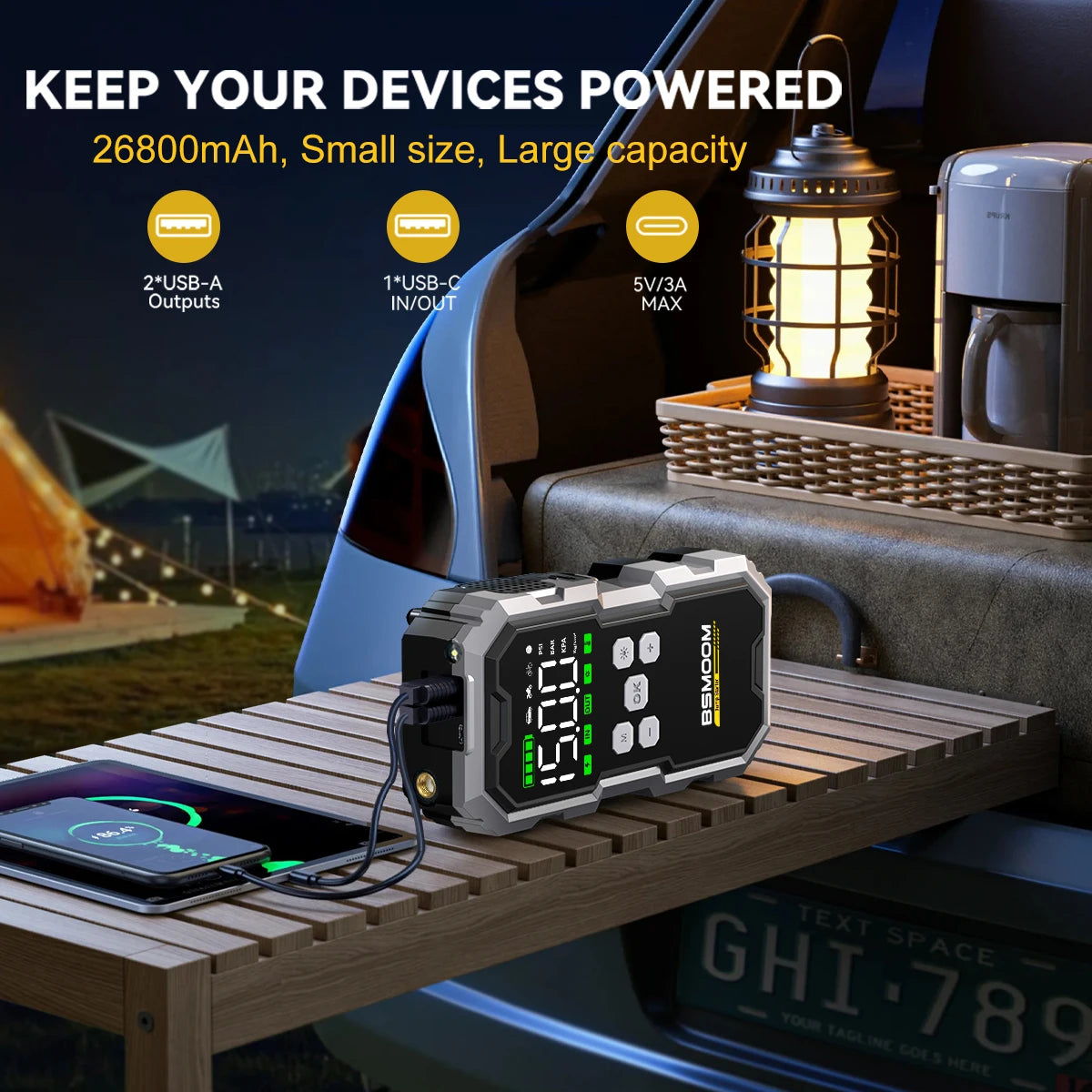7000A Car Emergency Start Power Supply with Air Compressor, Battery Supercharger and Wireless Tire Inflator 12V Auto Jumper box