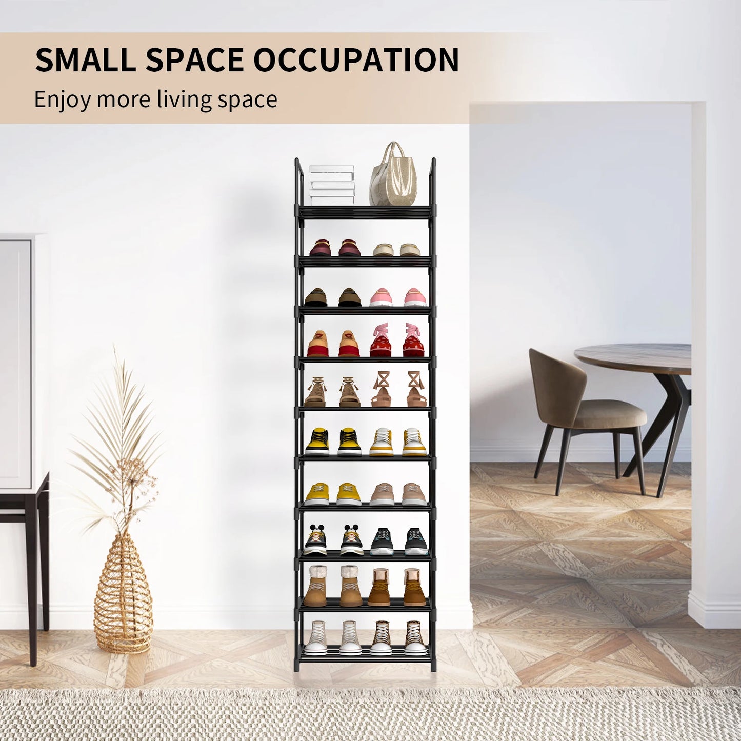 Shoe Rack,10-Tier Metal Shoe Storage Organiser, Metal Frame, Space-Saving Rack,for Room, Hallway STORAGE SHELVES STAND WITH HOOK