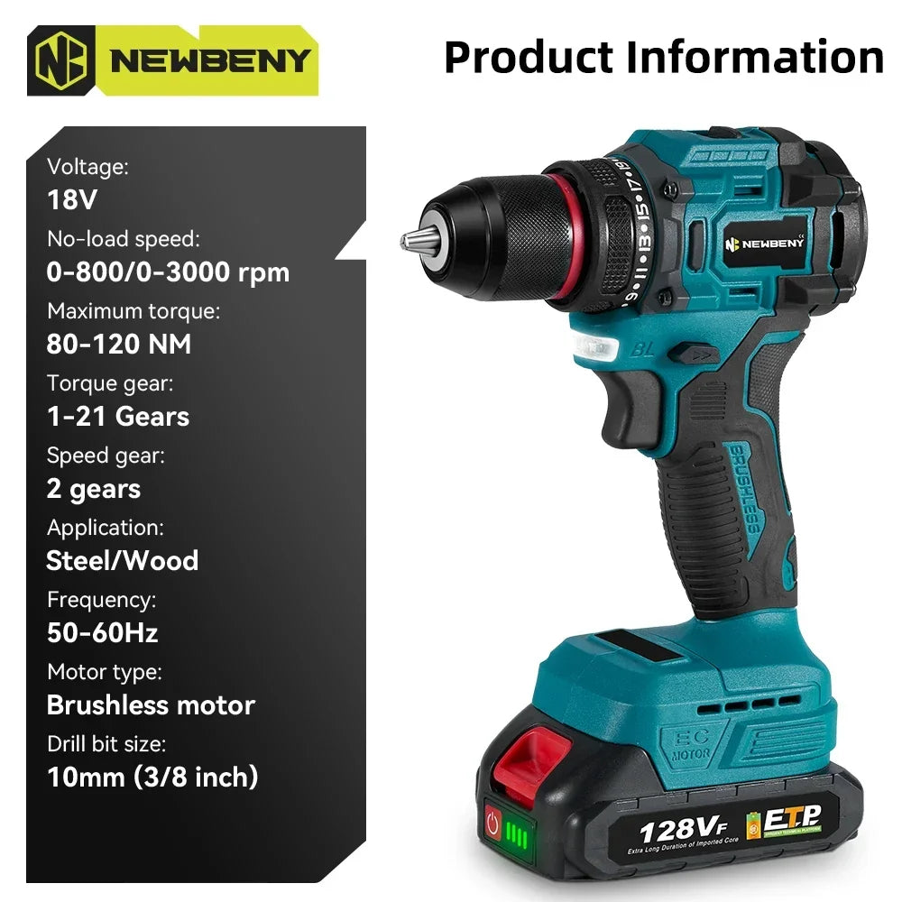 NEWBENY 10mm Brushless Electric Drill Screwdriver 21+2 Torque Cordless DIY Household Drill Tool For Makita 18-21V Battery Pin