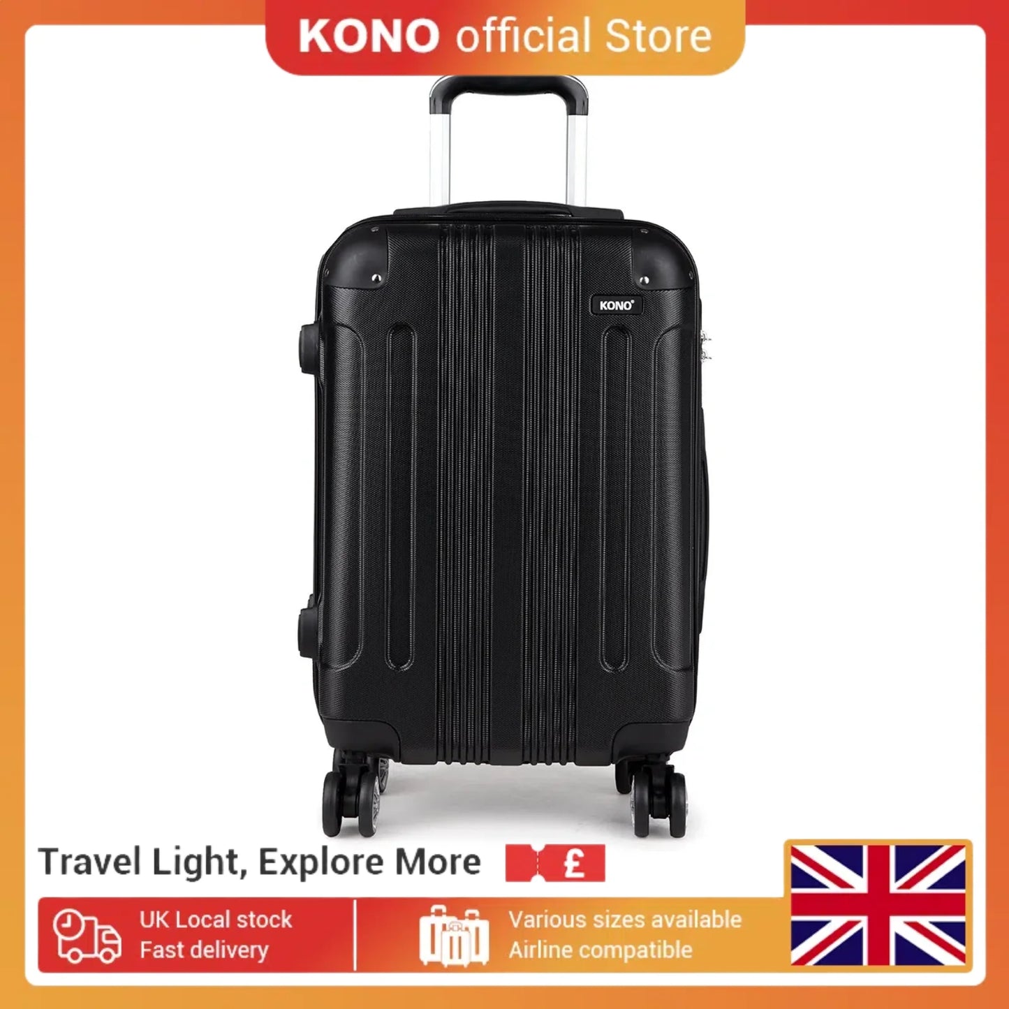 Kono Large Hard Shell Luggage 19/24/28 inch Lightweight ABS 4 Wheels Spinner Business Trip Trolley Case Suitcase