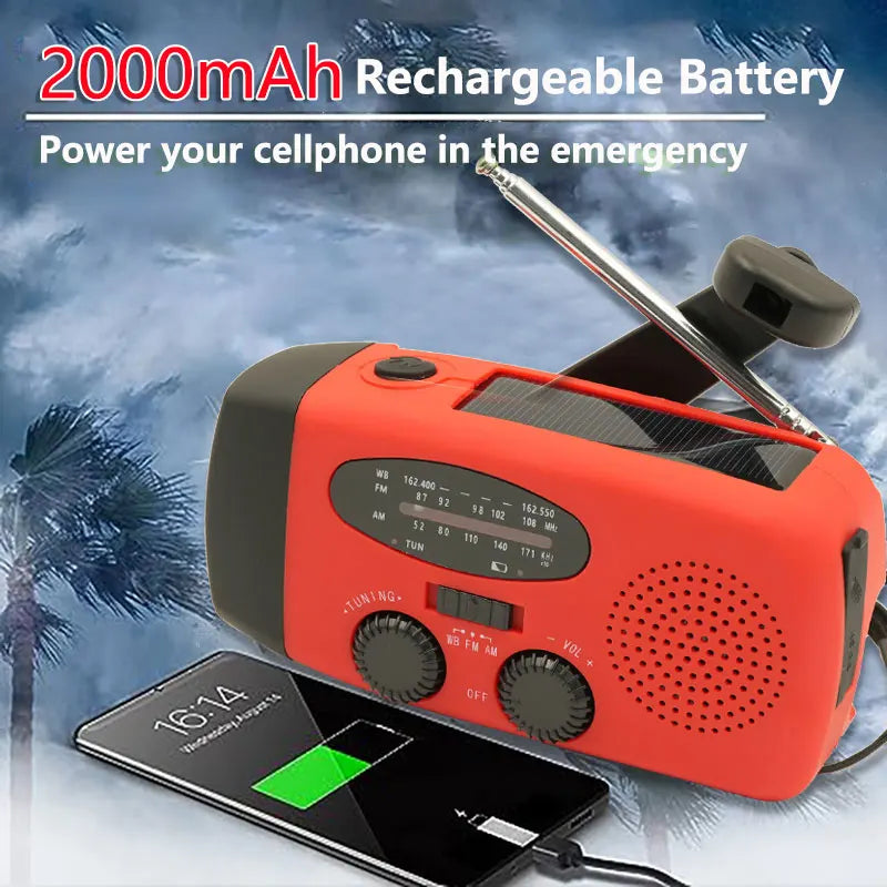 2000mAh Emergency Radio RechargeablePower Bank with  Portable FM Radio USB/Solar/Hand Crank Charging SOS Alarm & Flashlight