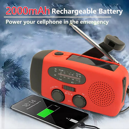 2000mAh Emergency Radio RechargeablePower Bank with  Portable FM Radio USB/Solar/Hand Crank Charging SOS Alarm & Flashlight