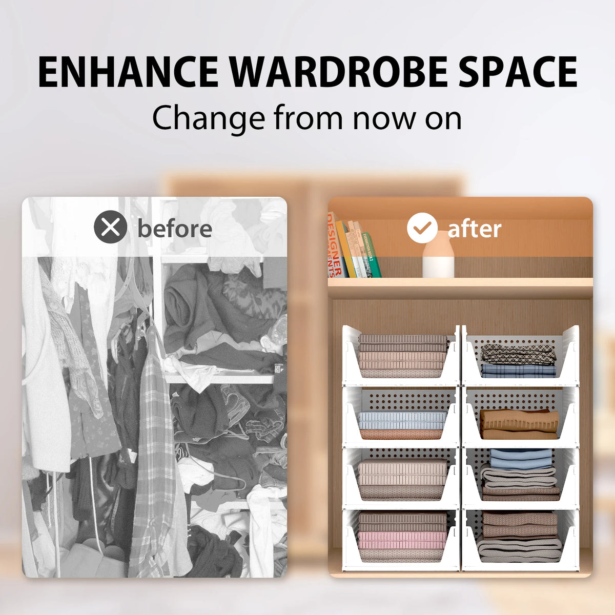 Wardrobe Storage Organiser, 4 Pack Stackable Storage Boxes Clothes Storage,Cupboard Storage Organiser, Under Sink Storage