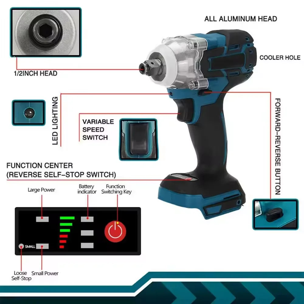 18V cordless electric wrench, 520NM brushless electric impact wrench, 1/2-inch screwdriver socket, Makita battery power tools