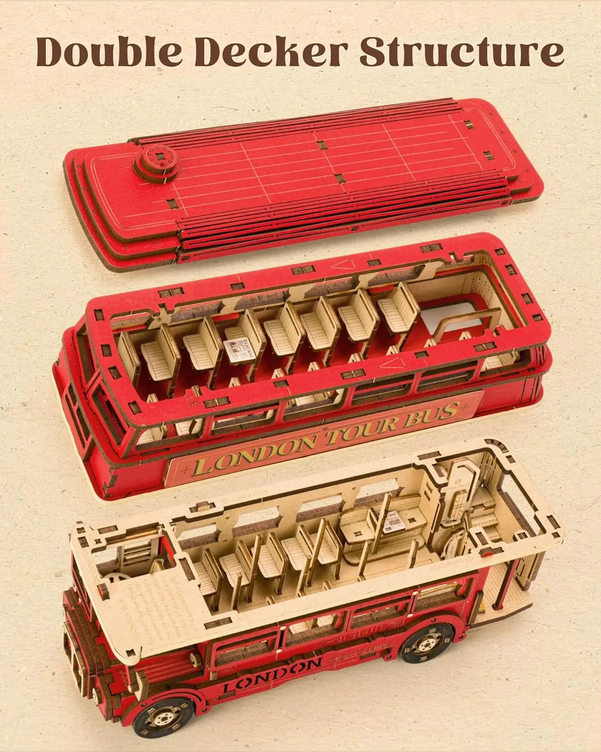 Robotime rolife London Tour Bus 3D Wooden Puzzles Wood Model Toy Car to Build Crafts Collectibles Gifts for Boys Girls