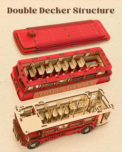 Robotime rolife London Tour Bus 3D Wooden Puzzles Wood Model Toy Car to Build Crafts Collectibles Gifts for Boys Girls