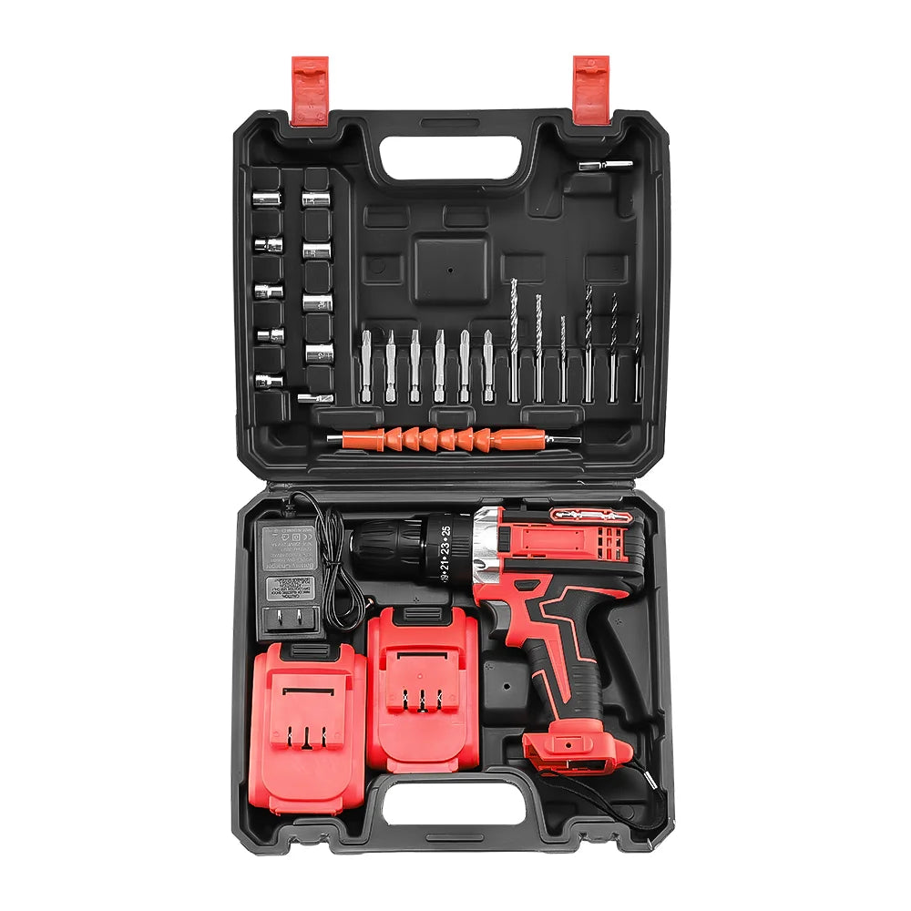 Electric Drill Power Tool Cordless Drill Combi Driver Electric Screwdriver Impact Set with 2pcs Rechargeable Batteries