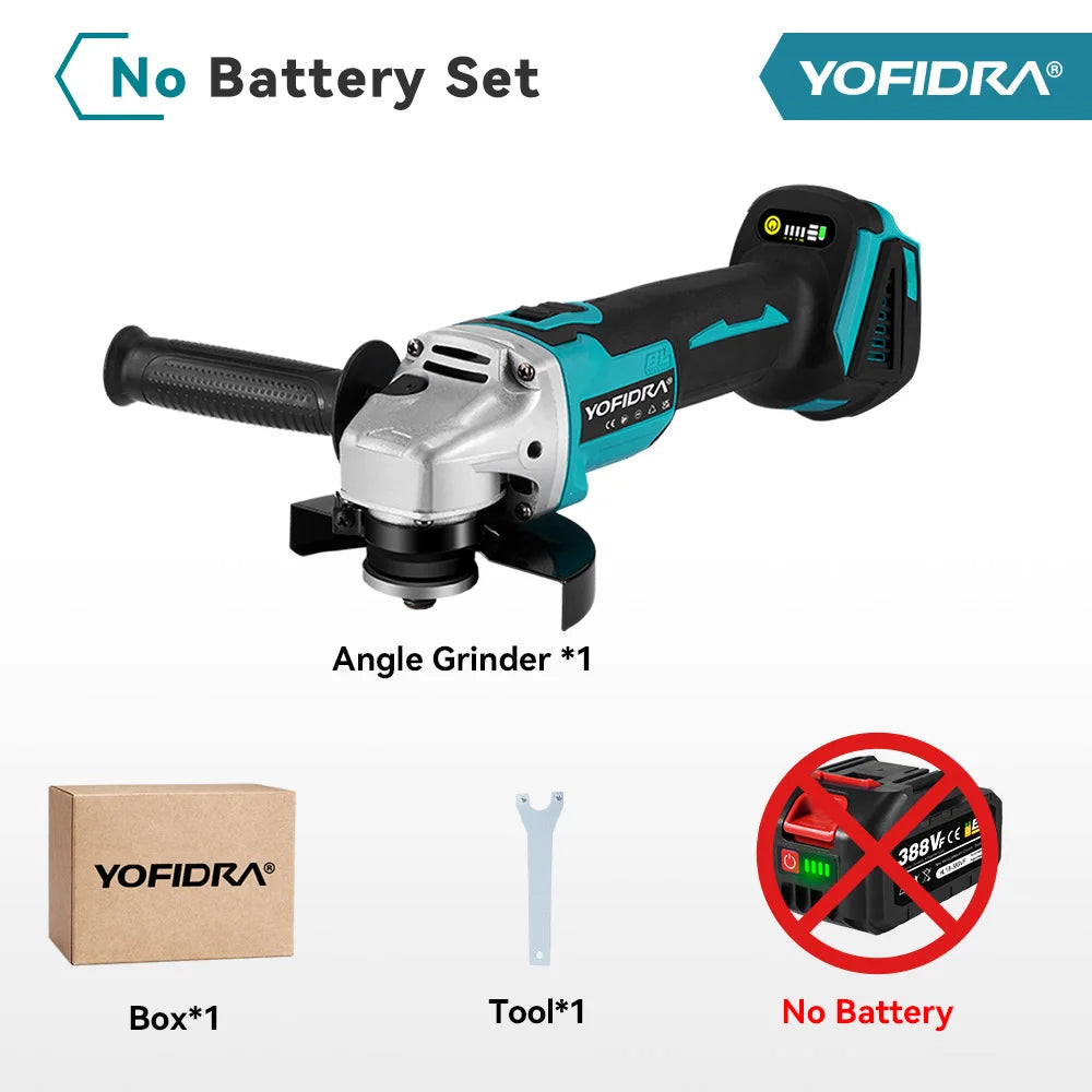 YOFIDRA 125mm 4 Gears Brushless Electric Angle Grinder Metal Wood Grinding Polishing Cutting Power Tool For Makita Battery Pin
