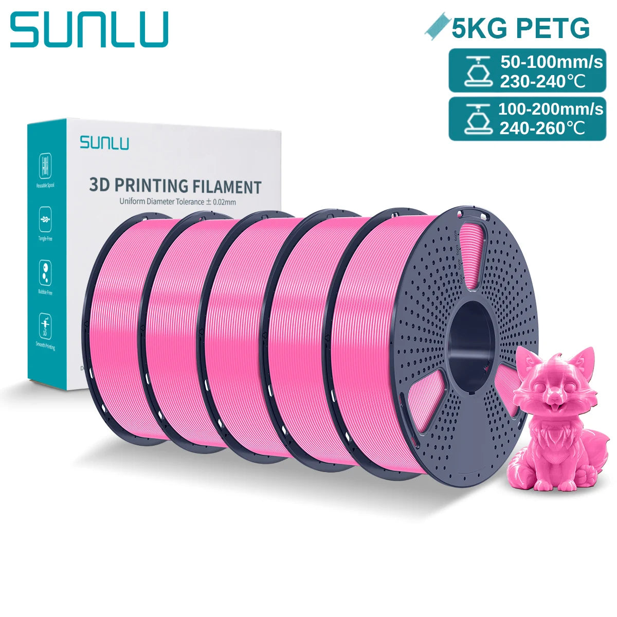 SUNLU PETG 3D Printer Filament 5KG Neatly Wound Good Toughness 1.75mm 3D Filament with Reusable Spool for Most FDM Printer
