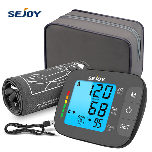 Sejoy Digital Upper Arm Automatic Blood Pressure Monitor Portable BP Sphygmomanometer Medical Tonometer Blue Backlight with AC