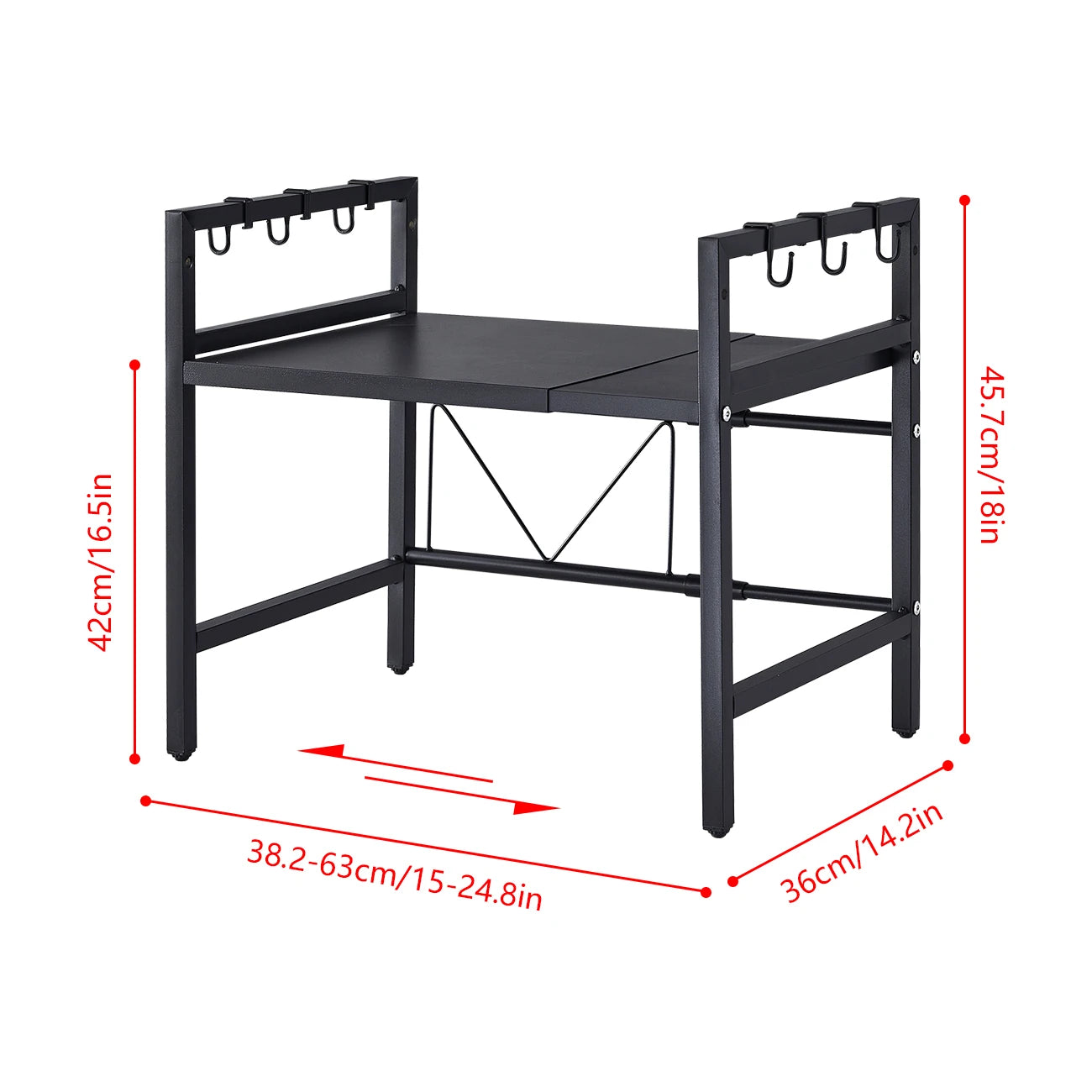 BonChoice 2/3-Tier Expandable Microwave Oven Rack Countertop for Kitchen, Microwave Shelf Stand Metal with 6 Hooks Black White