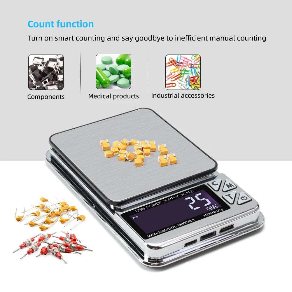 Digital Jewelry Scale High Precision 200g/1000gx0.01g Accuracy Smart Counting Gem Food Balance Kitchen Pocket Scales USB Charge