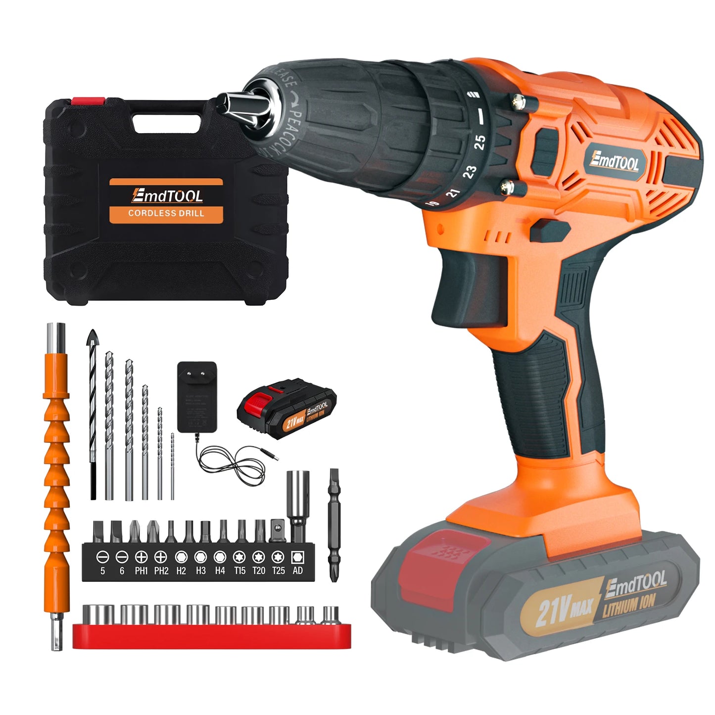 45Nm Cordless Drill Screwdriver with 21V 1.5Ah Battery and Charger, 25+1 Torque, 2700RPM 2 Speed, 29 PCS Accessories, Carry Case