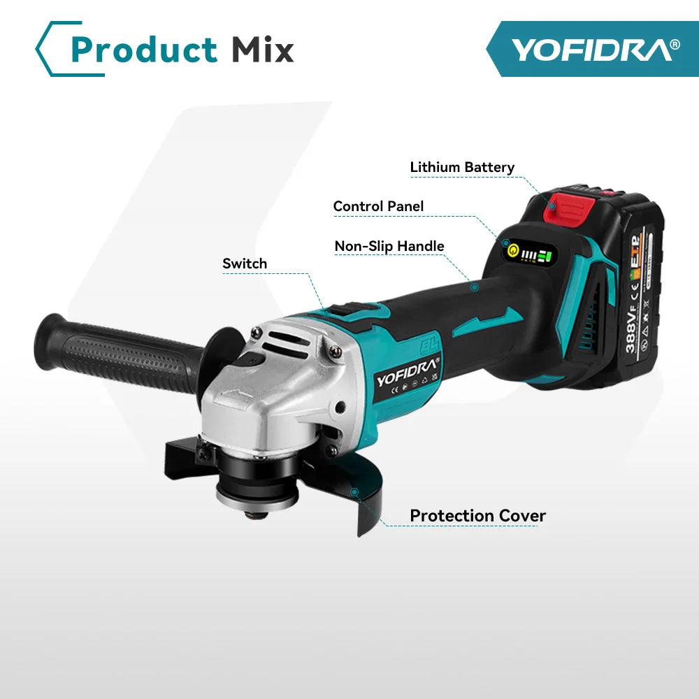 YOFIDRA 125mm Brushless Angle Grinder 4 Gear Cordless Grinding Machine Cutting Woodworking Power Tool For Makita 18V Battery Pin