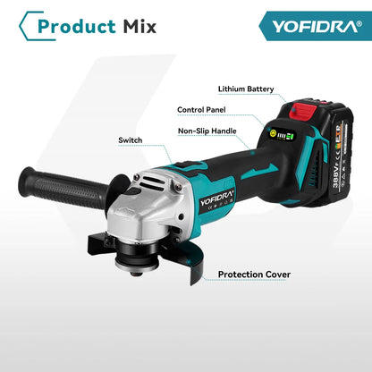 YOFIDRA 125mm Brushless Angle Grinder 4 Gear Cordless Grinding Machine Cutting Woodworking Power Tool For Makita 18V Battery Pin