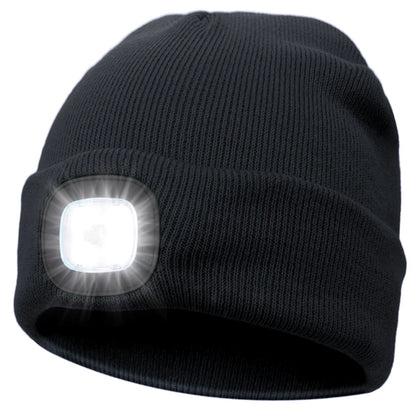 Winter Warm Knit Beanie 8 Hours High Powered Light 4 LED Beanie Hat USB Rechargeable Hands Free Headlamp Cap for Running Hiking