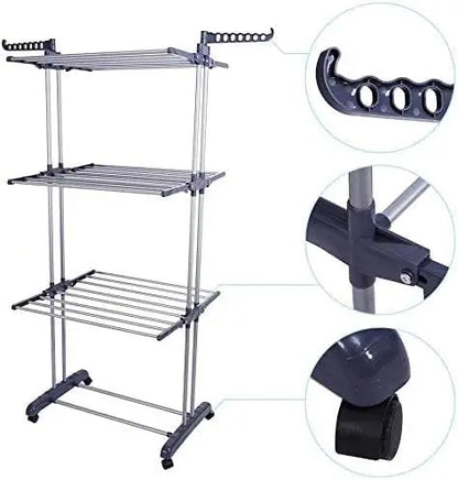 3 Tier Foldable Clothes Airer; 18 Rails Of Drying Space Plus 12 Hanging Hooks Suitable For Indoor Outdoor Use, Easy Move On Wheels, Space Saving Folding Wings.