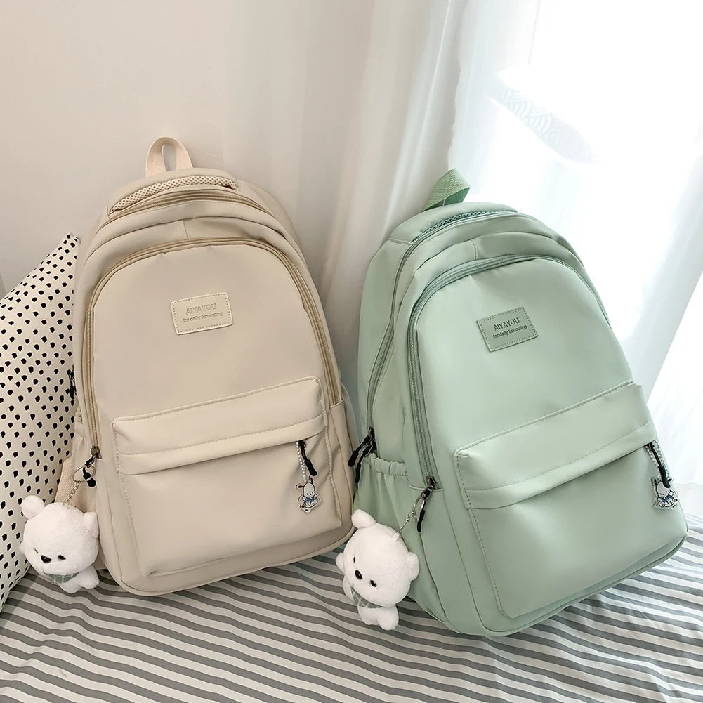 College Student Rucksack Large Capacity Casual Book Bags with Cute Pendant Simple Adjustable Strap Fashion for Outdoor Sport