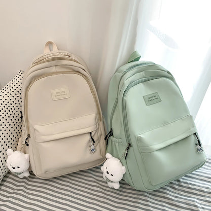 College Student Rucksack Large Capacity Casual Book Bags with Cute Pendant Simple Adjustable Strap Fashion for Outdoor Sport