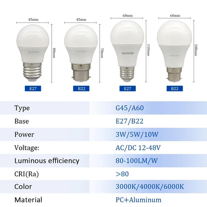 4-20PCS E27 B22 Base LED Bulb Lights AC DC 12V 24V 48V Lampada Luz Lamp 3W 5W 10W Spot Bulb Led Light Bulbs for Home Lighting