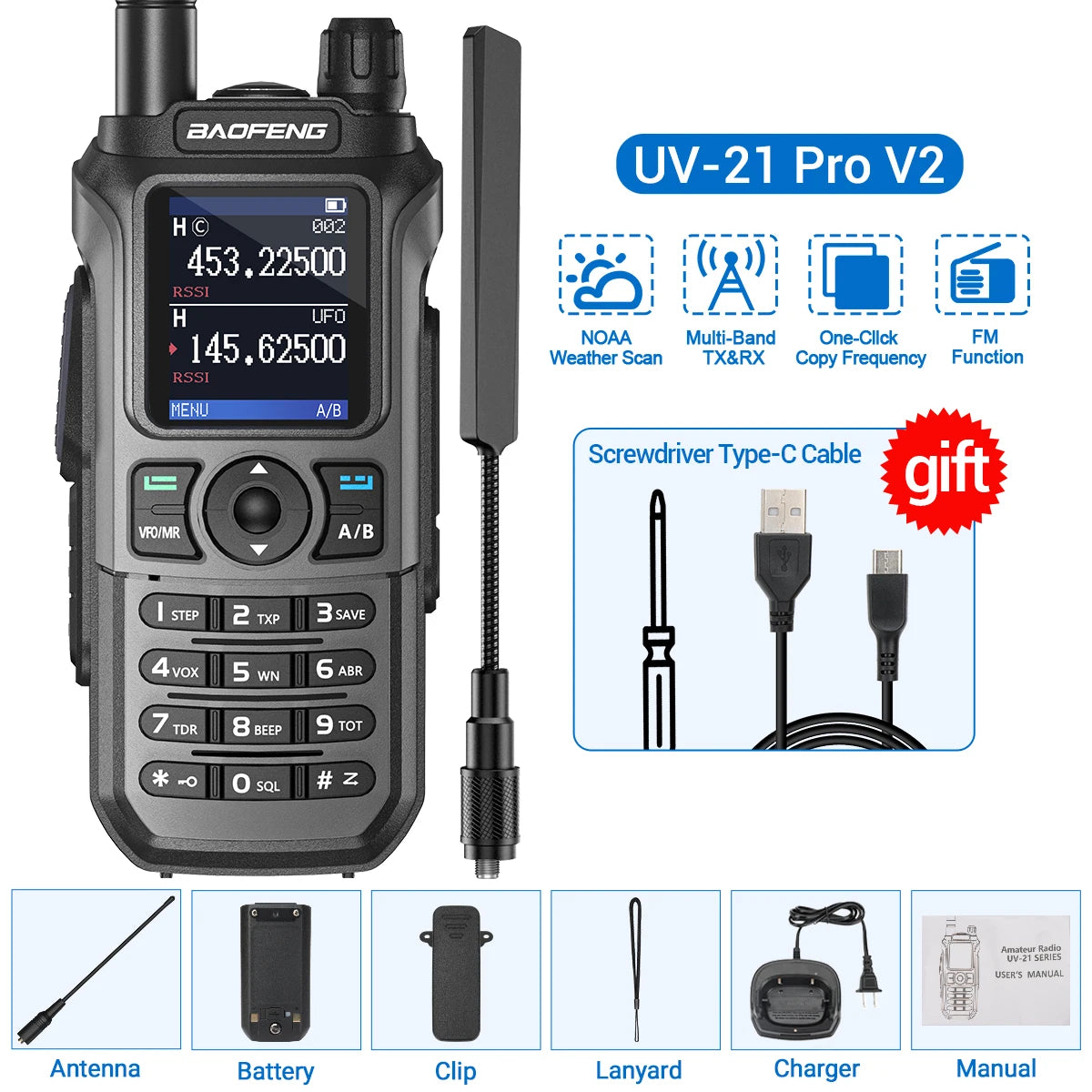 Baofeng UV 21 Pro Wireless Copy Frequency Walkie Talkie 16 KM AM Long Range Waterproof Multi-Band Type-C Charger Ham Radio UV 5R