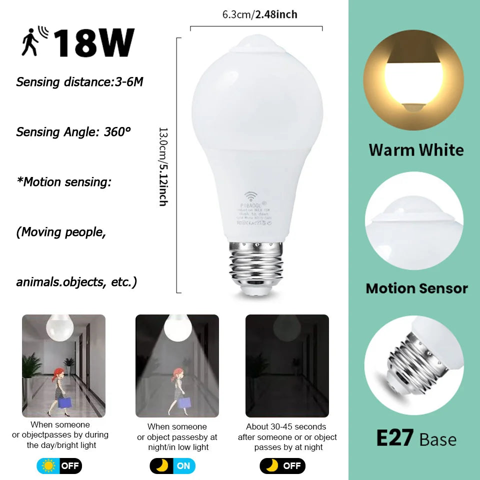 6pcs LED Bulbs Radar Motion Sensor Light 220V E27 LED Bulb Auto ON/OFF Working In Night Radiation Motion Detector Security Light