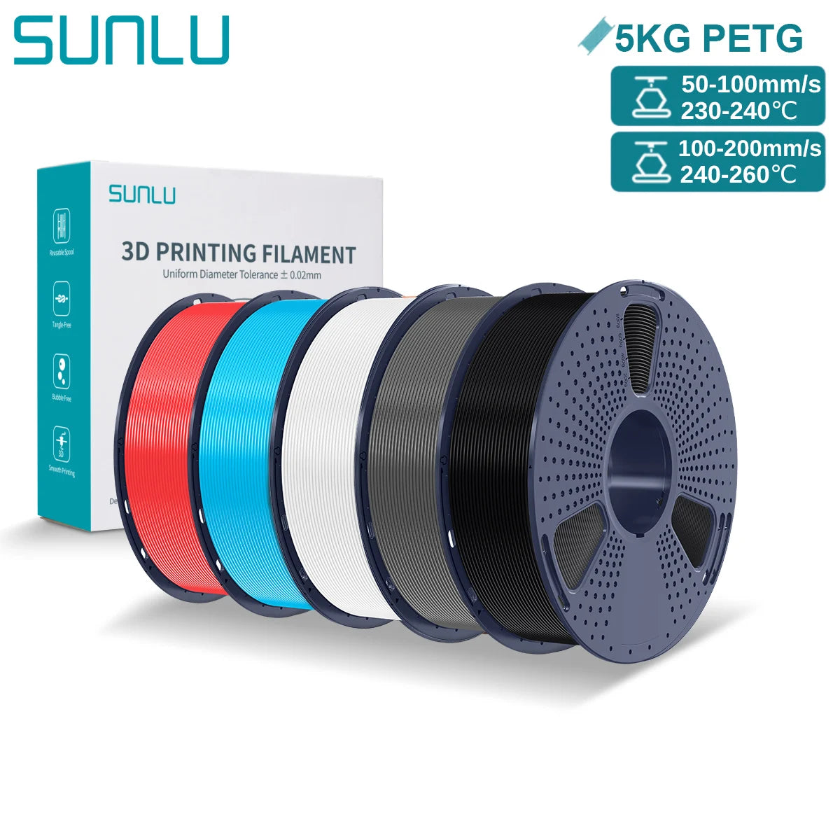 SUNLU PETG 3D Printer Filament 5KG Neatly Wound Good Toughness 1.75mm 3D Filament with Reusable Spool for Most FDM Printer